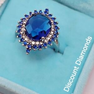 Oval Cut Blue Sapphire & White Baguette Diamond Cocktail Ring on 925  Silver